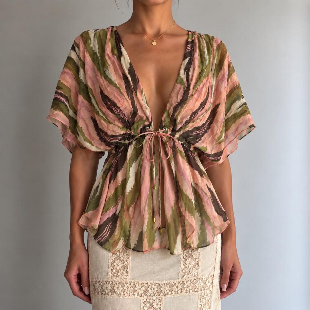 Vintage ALEXIE 100% Silk Abstract Painterly Print Cinch Tie Kimono Blouse Size S